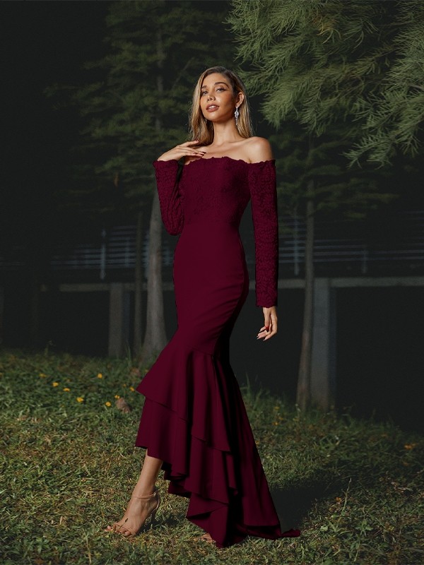 Trumpet/Mermaid Stretch Crepe Lace Off-the-Shoulder Long Sleeves Asymmetrical Bridesmaid Dresses 3284