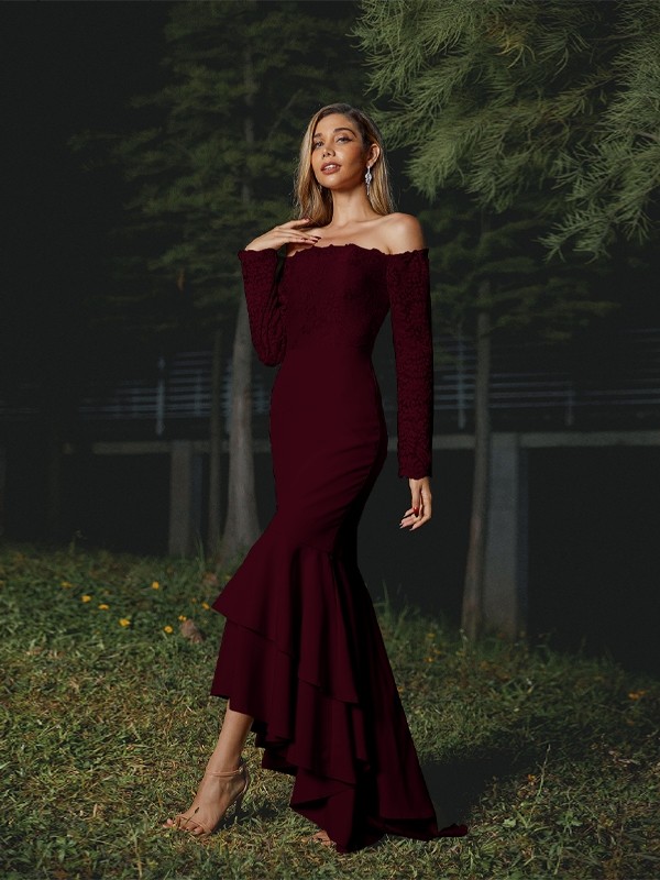 Trumpet/Mermaid Stretch Crepe Lace Off-the-Shoulder Long Sleeves Asymmetrical Bridesmaid Dresses 3284