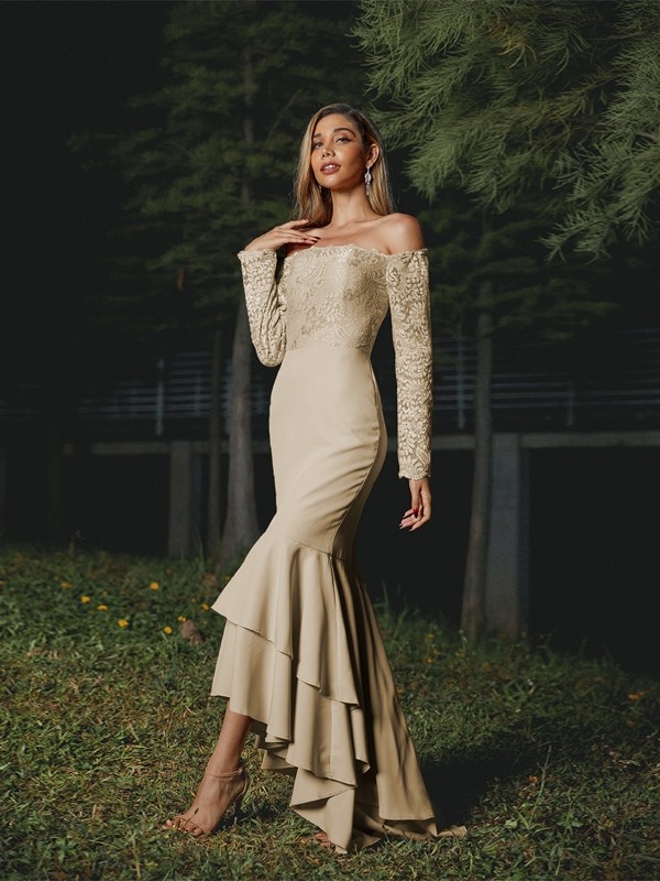 Trumpet/Mermaid Stretch Crepe Lace Off-the-Shoulder Long Sleeves Asymmetrical Bridesmaid Dresses 3284