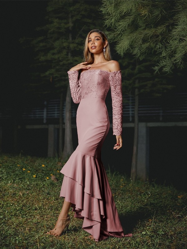 Trumpet/Mermaid Stretch Crepe Lace Off-the-Shoulder Long Sleeves Asymmetrical Bridesmaid Dresses 3284