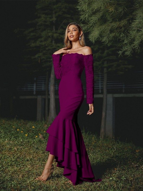 Trumpet/Mermaid Stretch Crepe Lace Off-the-Shoulder Long Sleeves Asymmetrical Bridesmaid Dresses 3284