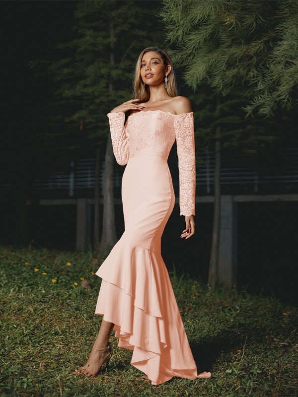 Trumpet/Mermaid Stretch Crepe Lace Off-the-Shoulder Long Sleeves Asymmetrical Bridesmaid Dresses 3284