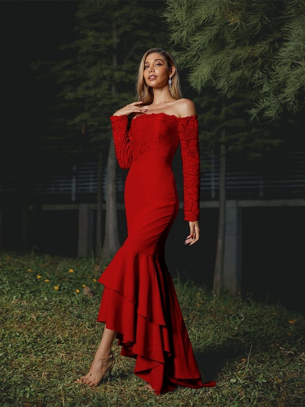 Trumpet/Mermaid Stretch Crepe Lace Off-the-Shoulder Long Sleeves Asymmetrical Bridesmaid Dresses 3284