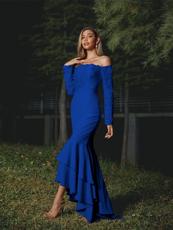 Trumpet/Mermaid Stretch Crepe Lace Off-the-Shoulder Long Sleeves Asymmetrical Bridesmaid Dresses 3284