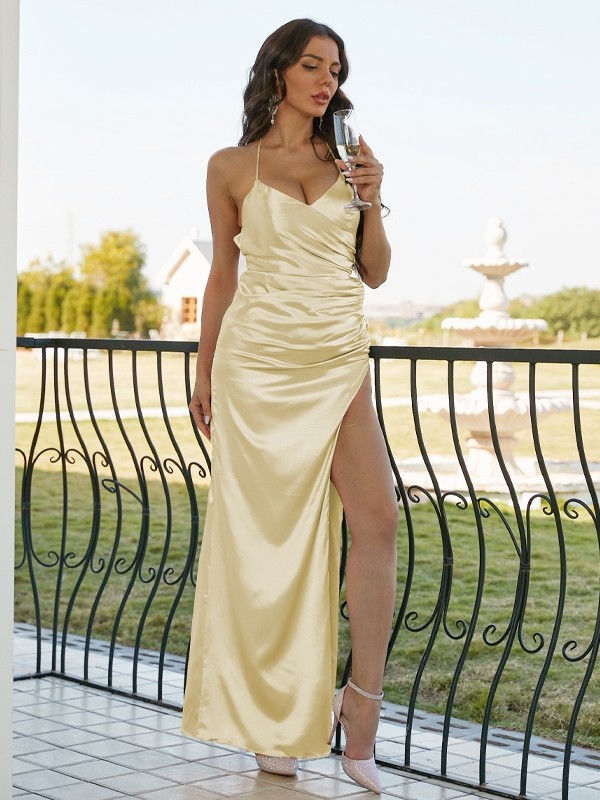 Sheath/Column Silk like Satin Ruched V-neck Sleeveless Floor-Length Bridesmaid Dresses 2935