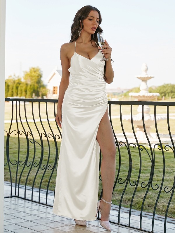 Sheath/Column Silk like Satin Ruched V-neck Sleeveless Floor-Length Bridesmaid Dresses 2935