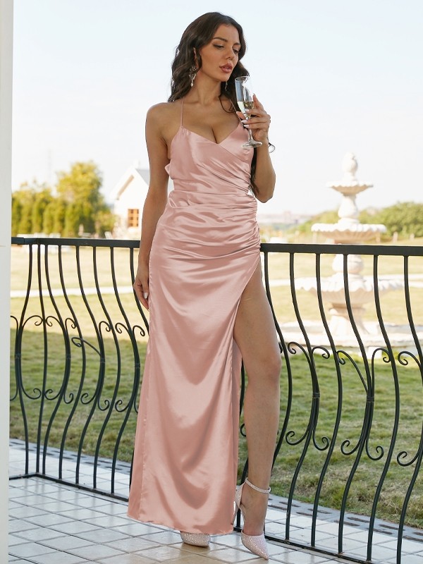 Sheath/Column Silk like Satin Ruched V-neck Sleeveless Floor-Length Bridesmaid Dresses 2935