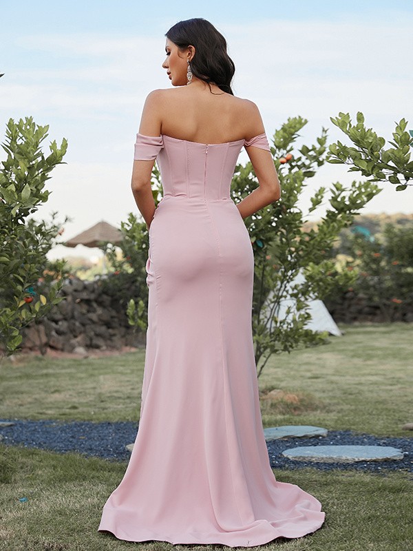 Sheath/Column Stretch Crepe Ruched Off-the-Shoulder Sleeveless Sweep/Brush Train Bridesmaid Dresses 3159