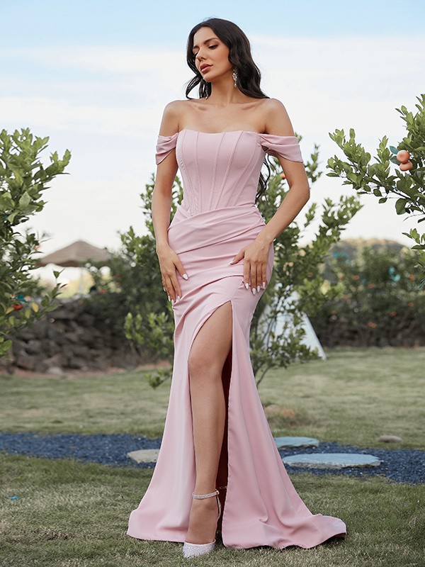 Sheath/Column Stretch Crepe Ruched Off-the-Shoulder Sleeveless Sweep/Brush Train Bridesmaid Dresses 3159