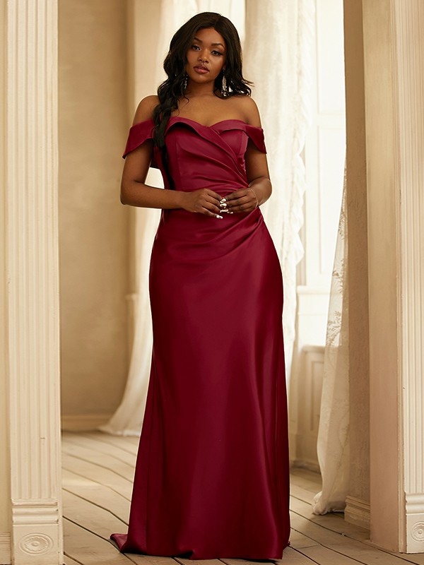 Sheath/Column Satin Ruched Off-the-Shoulder Sleeveless Sweep/Brush Train Bridesmaid Dresses 3019