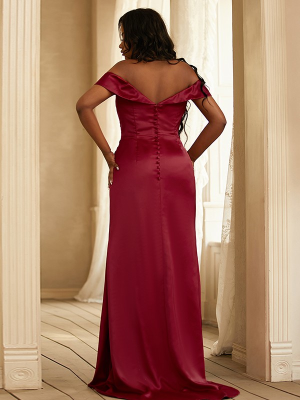 Sheath/Column Satin Ruched Off-the-Shoulder Sleeveless Sweep/Brush Train Bridesmaid Dresses 3019