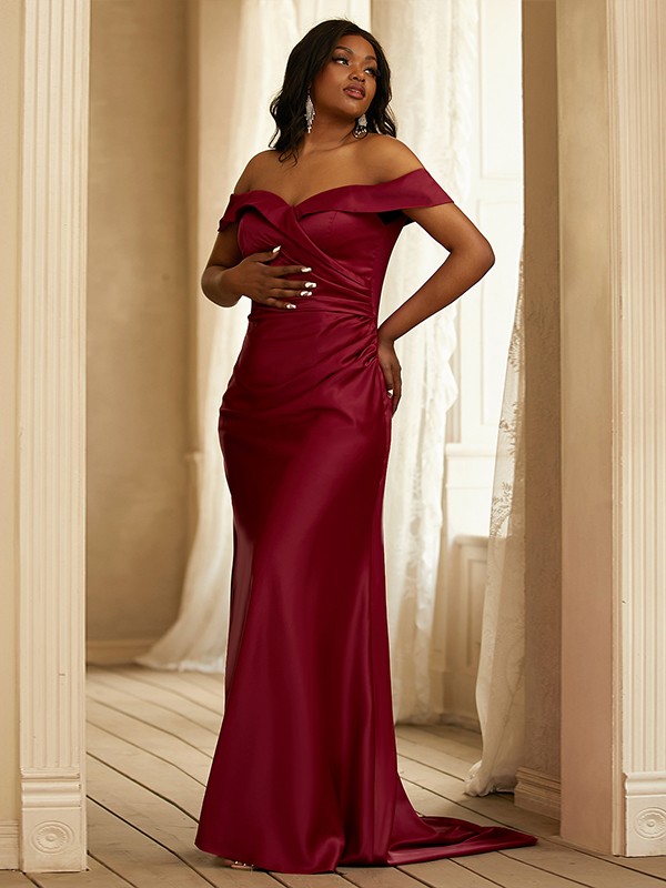 Sheath/Column Satin Ruched Off-the-Shoulder Sleeveless Sweep/Brush Train Bridesmaid Dresses 3019