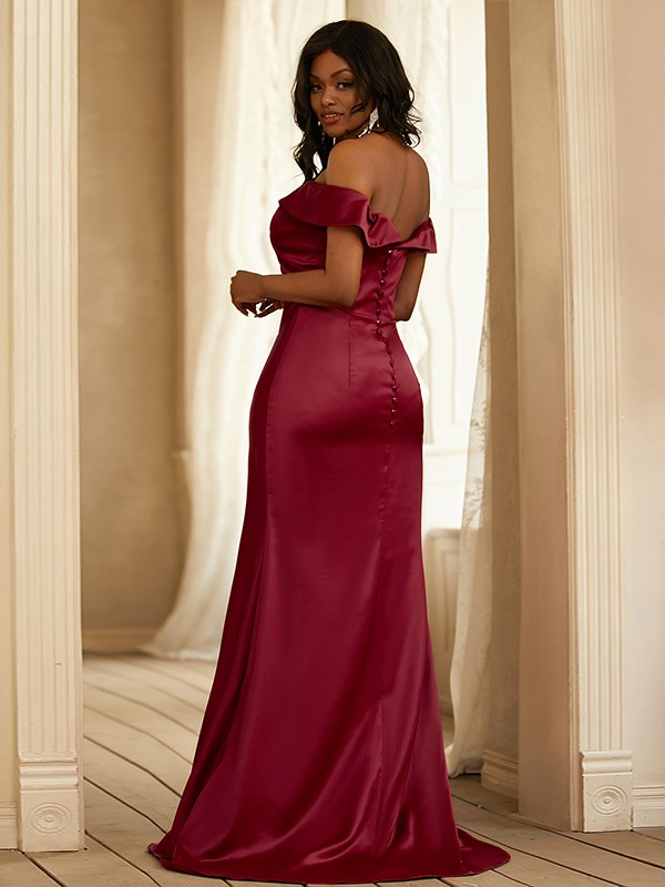 Sheath/Column Satin Ruched Off-the-Shoulder Sleeveless Sweep/Brush Train Bridesmaid Dresses 3019