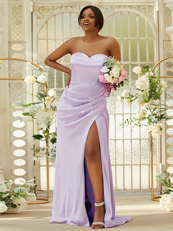 Sheath/Column Silk like Satin Ruched Sweetheart Sleeveless Sweep/Brush Train Bridesmaid Dresses 3079