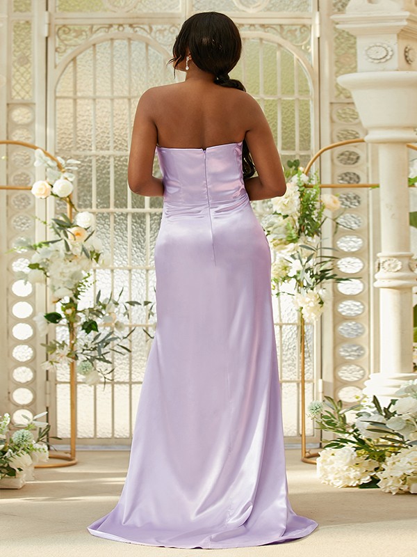 Sheath/Column Silk like Satin Ruched Sweetheart Sleeveless Sweep/Brush Train Bridesmaid Dresses 3079