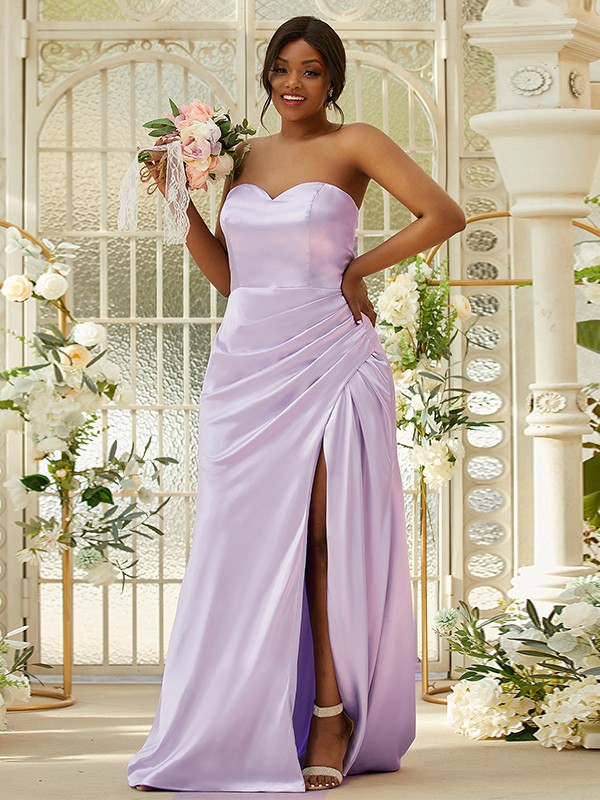 Sheath/Column Silk like Satin Ruched Sweetheart Sleeveless Sweep/Brush Train Bridesmaid Dresses 3079