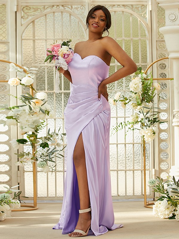 Sheath/Column Silk like Satin Ruched Sweetheart Sleeveless Sweep/Brush Train Bridesmaid Dresses 3079