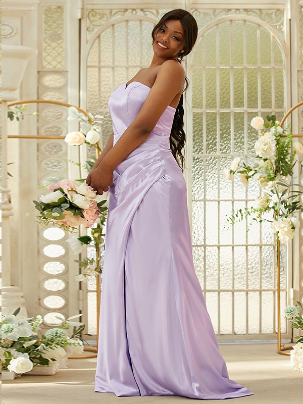 Sheath/Column Silk like Satin Ruched Sweetheart Sleeveless Sweep/Brush Train Bridesmaid Dresses 3079