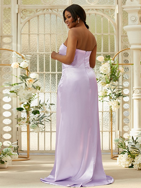 Sheath/Column Silk like Satin Ruched Sweetheart Sleeveless Sweep/Brush Train Bridesmaid Dresses 3079