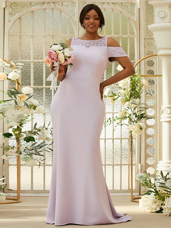 Sheath/Column Stretch Crepe Lace Scoop Sleeveless Sweep/Brush Train Bridesmaid Dresses 3153