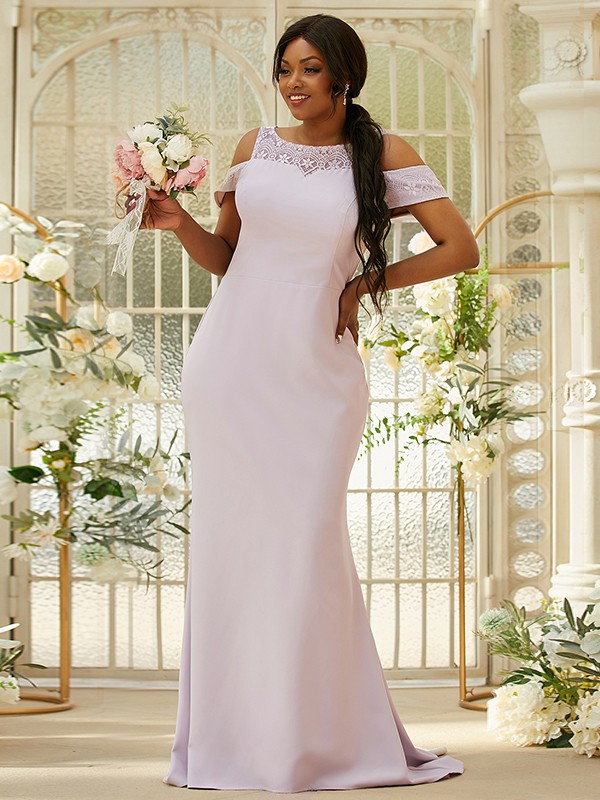 Sheath/Column Stretch Crepe Lace Scoop Sleeveless Sweep/Brush Train Bridesmaid Dresses 3153