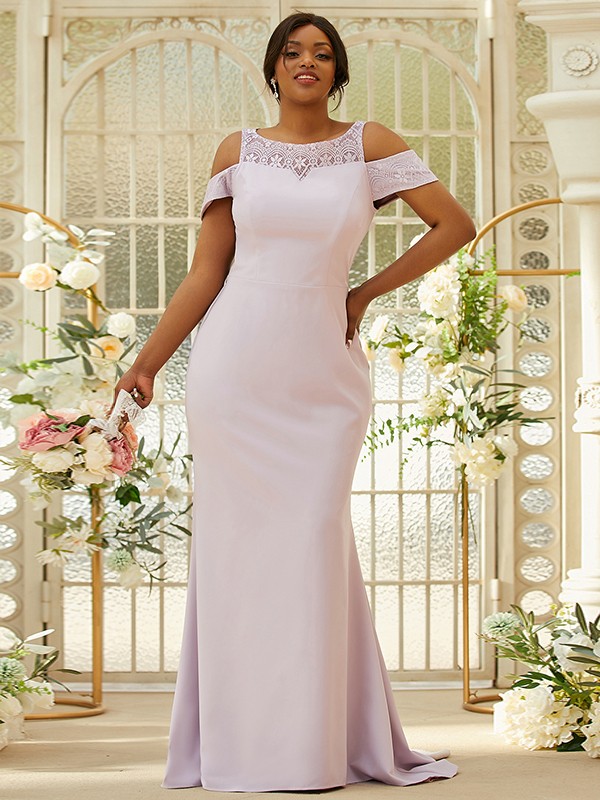 Sheath/Column Stretch Crepe Lace Scoop Sleeveless Sweep/Brush Train Bridesmaid Dresses 3153