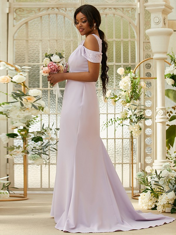 Sheath/Column Stretch Crepe Lace Scoop Sleeveless Sweep/Brush Train Bridesmaid Dresses 3153