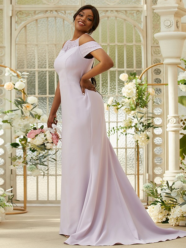 Sheath/Column Stretch Crepe Lace Scoop Sleeveless Sweep/Brush Train Bridesmaid Dresses 3153