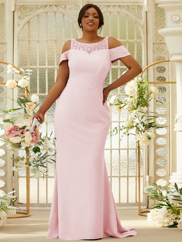 Sheath/Column Stretch Crepe Lace Scoop Sleeveless Sweep/Brush Train Bridesmaid Dresses 3153