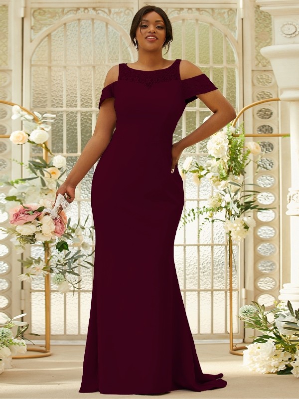 Sheath/Column Stretch Crepe Lace Scoop Sleeveless Sweep/Brush Train Bridesmaid Dresses 3153