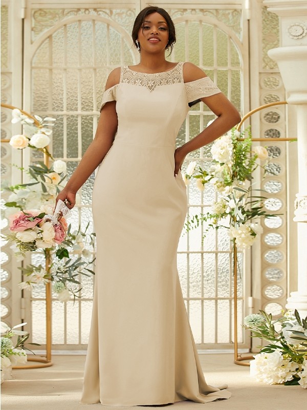 Sheath/Column Stretch Crepe Lace Scoop Sleeveless Sweep/Brush Train Bridesmaid Dresses 3153