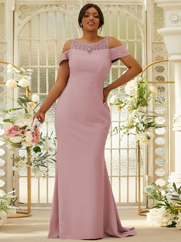 Sheath/Column Stretch Crepe Lace Scoop Sleeveless Sweep/Brush Train Bridesmaid Dresses 3153