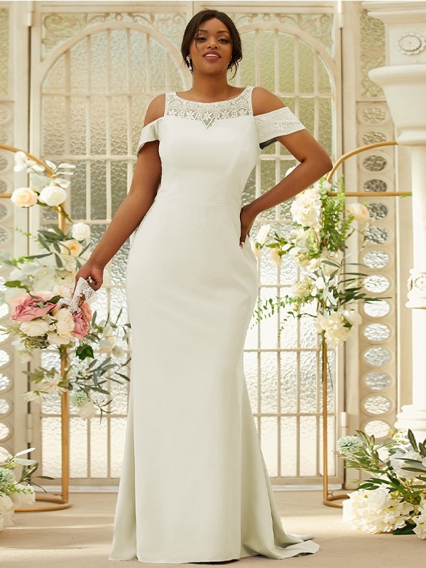 Sheath/Column Stretch Crepe Lace Scoop Sleeveless Sweep/Brush Train Bridesmaid Dresses 3153