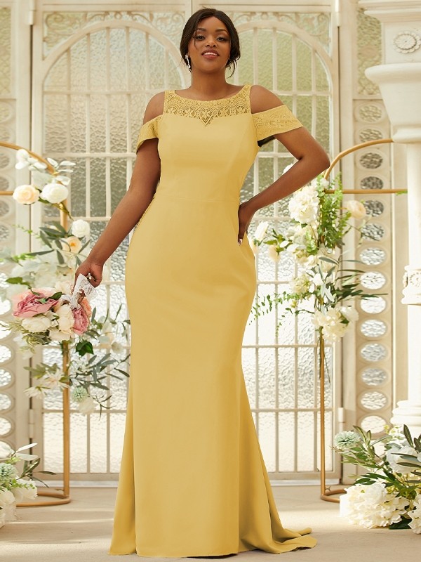 Sheath/Column Stretch Crepe Lace Scoop Sleeveless Sweep/Brush Train Bridesmaid Dresses 3153