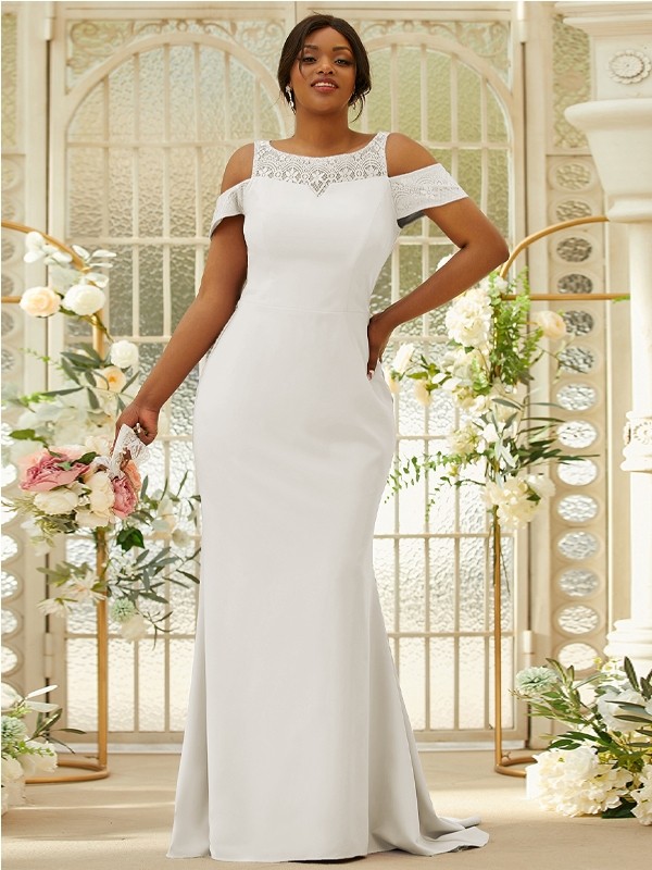 Sheath/Column Stretch Crepe Lace Scoop Sleeveless Sweep/Brush Train Bridesmaid Dresses 3153