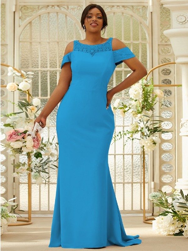 Sheath/Column Stretch Crepe Lace Scoop Sleeveless Sweep/Brush Train Bridesmaid Dresses 3153