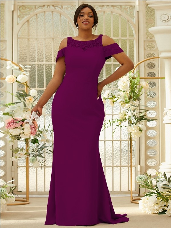 Sheath/Column Stretch Crepe Lace Scoop Sleeveless Sweep/Brush Train Bridesmaid Dresses 3153