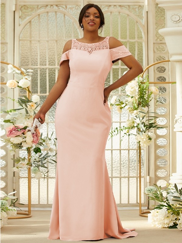 Sheath/Column Stretch Crepe Lace Scoop Sleeveless Sweep/Brush Train Bridesmaid Dresses 3153