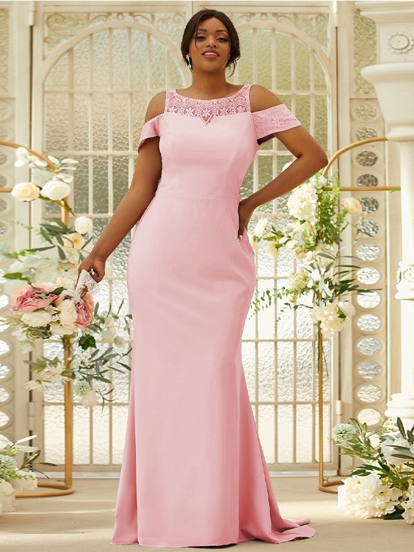 Sheath/Column Stretch Crepe Lace Scoop Sleeveless Sweep/Brush Train Bridesmaid Dresses 3153