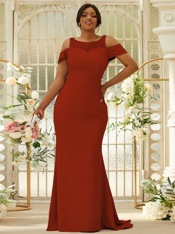 Sheath/Column Stretch Crepe Lace Scoop Sleeveless Sweep/Brush Train Bridesmaid Dresses 3153