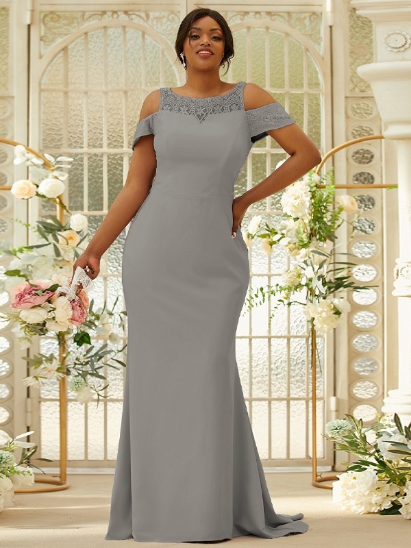 Sheath/Column Stretch Crepe Lace Scoop Sleeveless Sweep/Brush Train Bridesmaid Dresses 3153