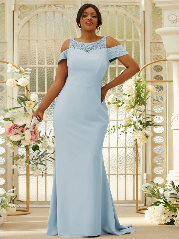 Sheath/Column Stretch Crepe Lace Scoop Sleeveless Sweep/Brush Train Bridesmaid Dresses 3153