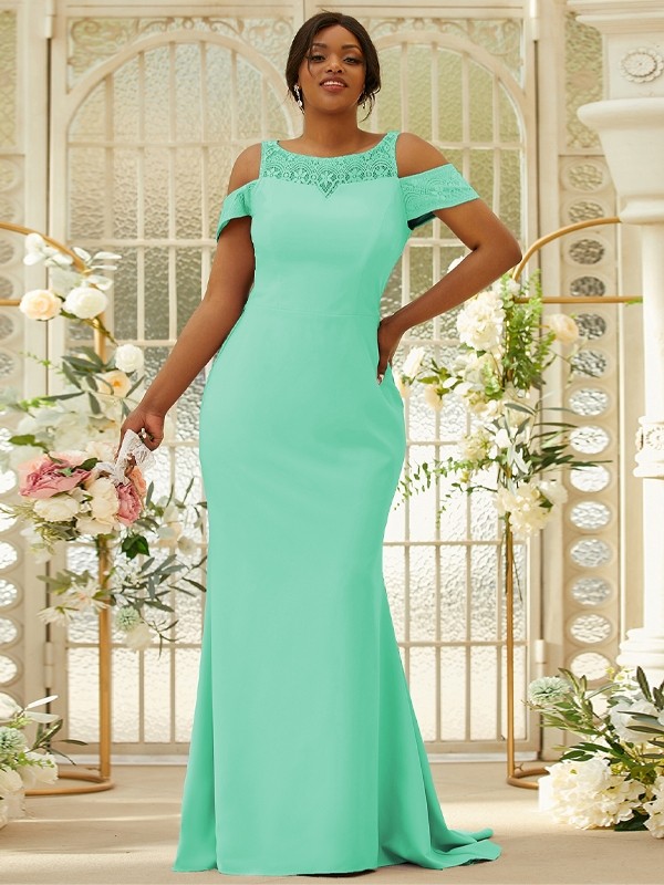 Sheath/Column Stretch Crepe Lace Scoop Sleeveless Sweep/Brush Train Bridesmaid Dresses 3153