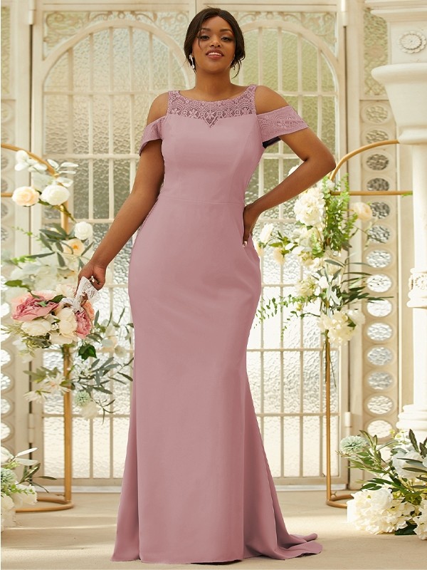 Sheath/Column Stretch Crepe Lace Scoop Sleeveless Sweep/Brush Train Bridesmaid Dresses 3153