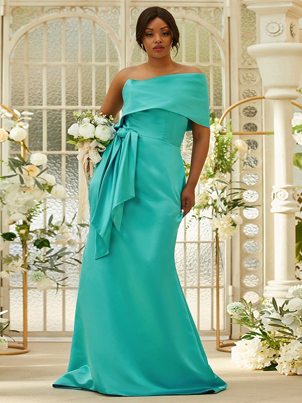 Sheath/Column Satin Ruched One-Shoulder Sleeveless Sweep/Brush Train Bridesmaid Dresses 3022