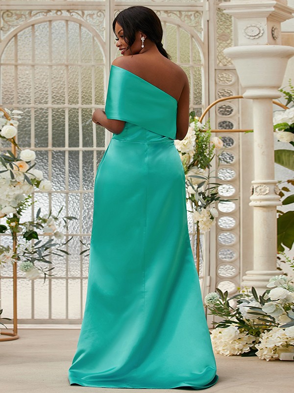 Sheath/Column Satin Ruched One-Shoulder Sleeveless Sweep/Brush Train Bridesmaid Dresses 3022