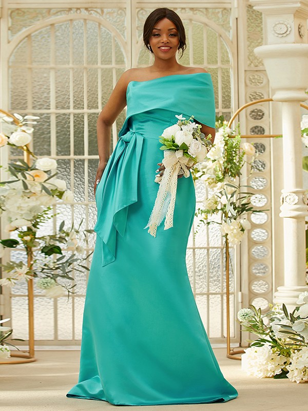 Sheath/Column Satin Ruched One-Shoulder Sleeveless Sweep/Brush Train Bridesmaid Dresses 3022