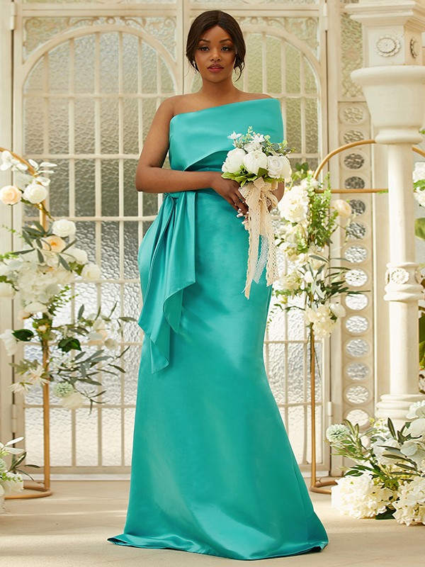 Sheath/Column Satin Ruched One-Shoulder Sleeveless Sweep/Brush Train Bridesmaid Dresses 3022