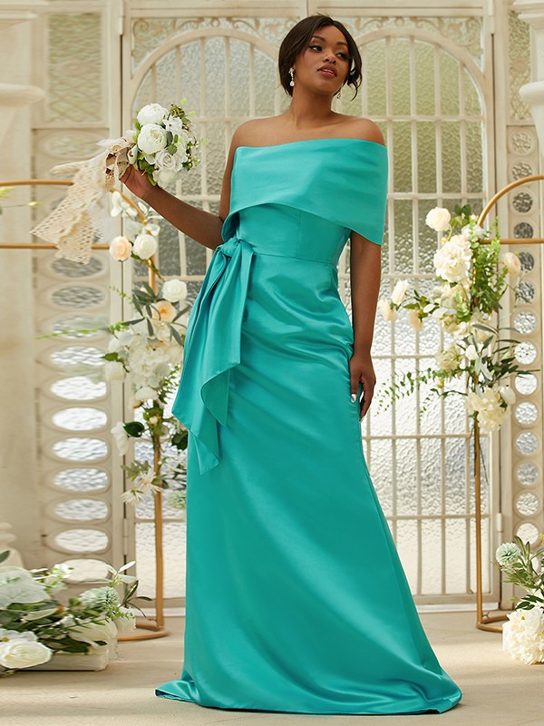 Sheath/Column Satin Ruched One-Shoulder Sleeveless Sweep/Brush Train Bridesmaid Dresses 3022