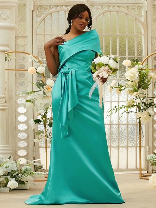 Sheath/Column Satin Ruched One-Shoulder Sleeveless Sweep/Brush Train Bridesmaid Dresses 3022